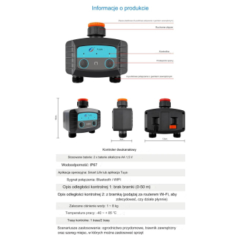 FUJIN Sterownik automatyczny nawadniania 2 sekcje na kran WiFi i Bluetooth